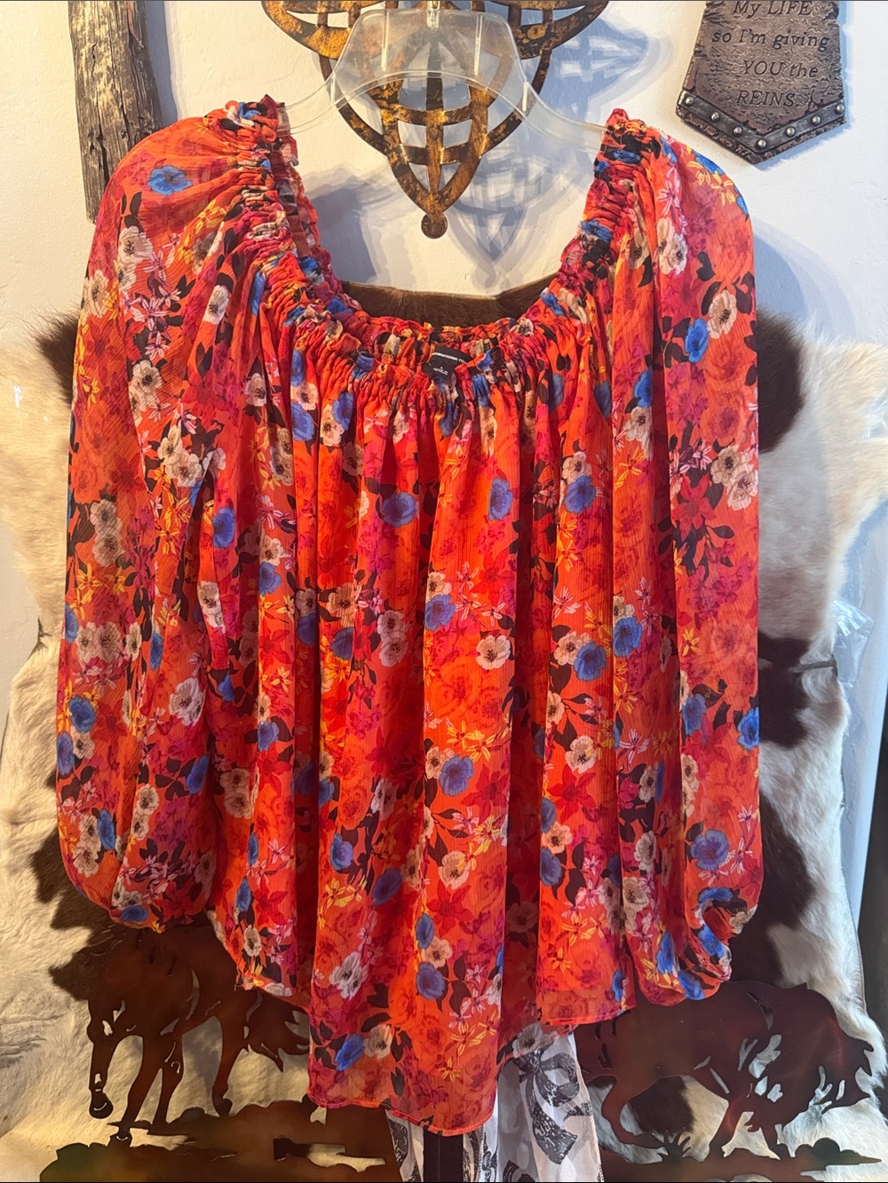 INC International Concepts Red Floral Peasant Top